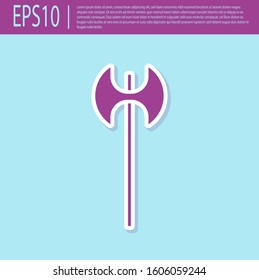 Retro purple Medieval axe icon isolated on turquoise background. Battle axe, executioner axe. Medieval weapon.  Vector Illustration