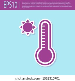 Retro purple Meteorology thermometer measuring heat and cold icon isolated on turquoise background. Thermometer equipment showing hot or cold weather.  Vector Illustration