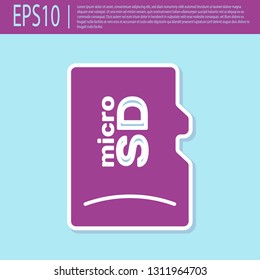 Retro purple Micro SD memory card icon isolated on turquoise background. Flat design. Vector Illustration