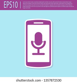 Retro purple Mobile recording icon isolated on turquoise background. Mobile phone with microphone. Voice recorder app smartphone interface. Flat design. Vector Illustration
