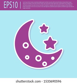 Retro purple Moon and stars icon isolated on turquoise background.  Vector Illustration