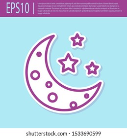 Retro purple Moon and stars icon isolated on turquoise background.  Vector Illustration