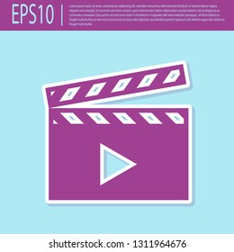 Retro purple Movie clapper icon isolated on turquoise background. Film clapper board icon. Clapperboard sign. Cinema production or media industry concept. Flat design. Vector Illustration
