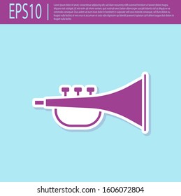 Retro purple Musical instrument trumpet icon isolated on turquoise background.  Vector Illustration