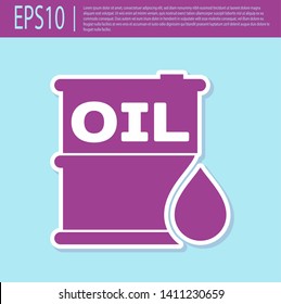 Retro purple Oil barrel icon isolated on turquoise background. Oil drum container. For infographics, fuel, industry, power, ecology. Vector Illustration