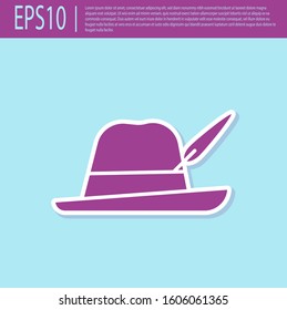 Retro purple Oktoberfest hat icon isolated on turquoise background. Hunter hat with feather. German hat.  Vector Illustration