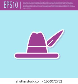 Retro purple Oktoberfest hat icon isolated on turquoise background. Hunter hat with feather. German hat.  Vector Illustration