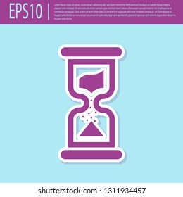 Retro purple Old hourglass with flowing sand icon isolated on turquoise background. Sand clock sign. Business and time management concept. Flat design. Vector Illustration