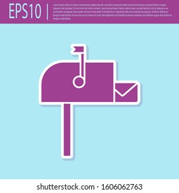 Retro purple Open mail box icon isolated on turquoise background. Mailbox icon. Mail postbox on pole with flag.  Vector Illustration