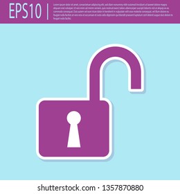 Retro purple Open padlock icon isolated on turquoise background. Opened lock sign. Cyber security concept. Digital data protection. Safety safety. Vector Illustration