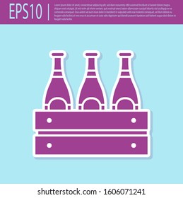 Retro purple Pack of beer bottles icon isolated on turquoise background. Wooden box and beer bottles. Case crate beer box sign.  Vector Illustration