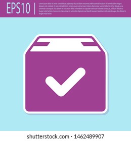Retro purple Package box with check mark icon isolated on turquoise background. Parcel box with checkmark. Approved delivery or successful package receipt.  Vector Illustration