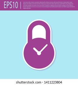 Retro purple Padlock with clock icon isolated on turquoise background. Time control concept. Lock and countdown, deadline, schedule, planning symbol. Vector Illustration