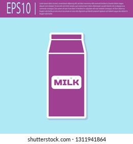 Retro purple Paper package for milk icon isolated on turquoise background. Milk packet sign. Flat design. Vector Illustration