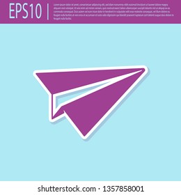 Retro purple Paper plane icon isolated on turquoise background. Paper airplane icon. Aircraft sign. Flat design. Vector Illustration