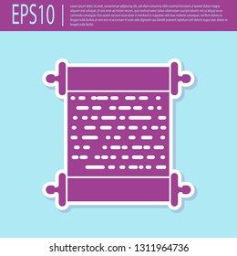 Retro purple Paper scroll icon isolated on turquoise background. Canvas scroll sign. Flat design. Vector Illustration