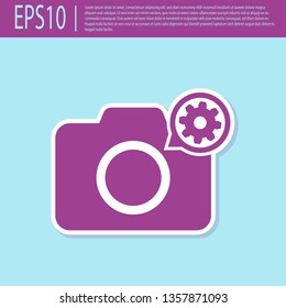 Retro purple Photo camera and gear icon isolated on turquoise background. Adjusting app, service concept, setting options, maintenance, repair, fixing. Vector Illustration