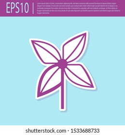 Retro purple Pinwheel icon isolated on turquoise background. Windmill toy icon.  Vector Illustration