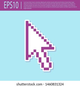 Retro purple Pixel arrow cursor icon isolated on turquoise background.  Vector Illustration