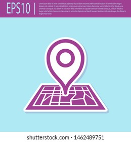 Retro purple Placeholder on map paper in perspective icon isolated on turquoise background.  Vector Illustration