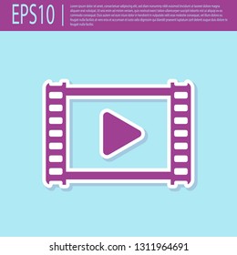 Retro purple Play Video icon isolated on turquoise background. Film strip with play sign. Flat design. Vector Illustration