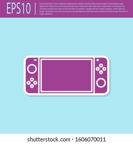 Retro purple Portable video game console icon isolated on turquoise background. Gamepad sign. Gaming concept.  Vector Illustration