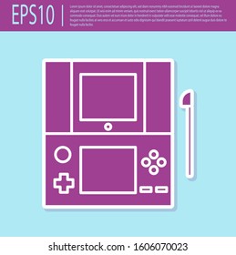 Retro purple Portable video game console icon isolated on turquoise background. Gamepad sign. Gaming concept.  Vector Illustration