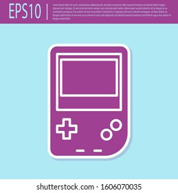 Retro purple Portable video game console icon isolated on turquoise background. Gamepad sign. Gaming concept.  Vector Illustration