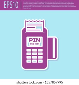 Retro purple POS terminal with inserted credit card and printed reciept icon isolated on turquoise background. NFC payment concept. Flat design. Vector Illustration