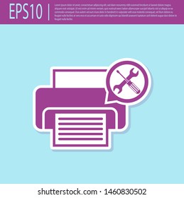 Retro purple Printer with screwdriver and wrench icon isolated on turquoise background. Adjusting, service, setting, maintenance, repair, fixing.  Vector Illustration
