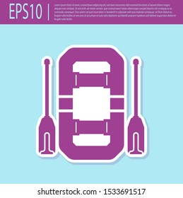 Retro purple Rafting boat icon isolated on turquoise background. Inflatable boat with oars. Water sports, extreme sports, holiday, vacation, team building.  Vector Illustration