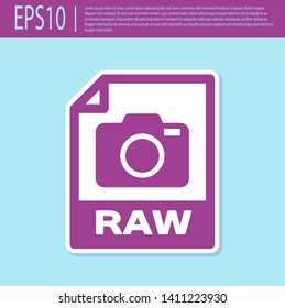 Retro purple RAW file document icon. Download raw button icon isolated on turquoise background. RAW file symbol. Vector Illustration