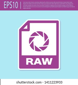 Retro purple RAW file document icon. Download raw button icon isolated on turquoise background. RAW file symbol. Vector Illustration