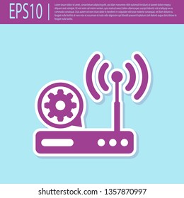 Retro purple Router and wi-fi signal and gear icon isolated on turquoise background. Adjusting app, service concept, setting options, maintenance, repair, fixing. Vector Illustration