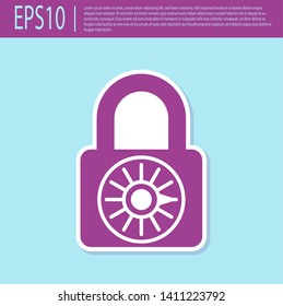 Retro purple Safe combination lock wheel icon isolated on turquoise background. Combination padlock. Security, safety, protection, password, privacy concept. Vector Illustration