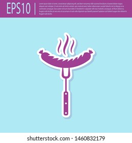 Retro purple Sausage on the fork with steam icon isolated on turquoise background. Grilled sausage and aroma sign. Vector Illustration