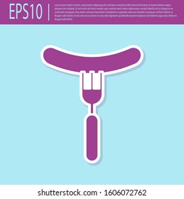 Retro purple Sausage on the fork icon isolated on turquoise background. Grilled sausage and aroma sign.  Vector Illustration
