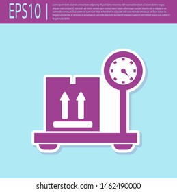 Retro purple Scale with cardboard box icon isolated on turquoise background. Logistic and delivery. Weight of delivery package on a scale.  Vector Illustration