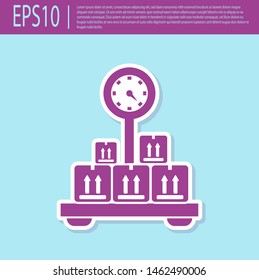 Retro purple Scale with cardboard box icon isolated on turquoise background. Logistic and delivery. Weight of delivery package on a scale. Vector Illustration Retro purple Scale with cardboard box icon isolated on turquoise background. Logistic and delivery. Weight of delivery package on a scale. Vector Illustration