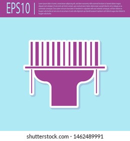 Retro purple Scanner scanning bar code icon isolated on turquoise background. Barcode label sticker. Identification for delivery with bars.  Vector Illustration