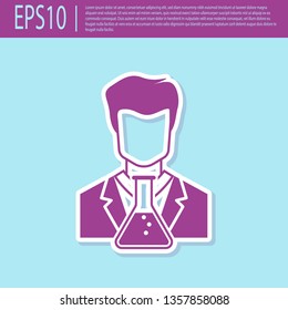 Retro purple Scientist and test tube icon isolated on turquoise background. Scientist chemist analyzes laboratory flask. Flat design. Vector Illustration
