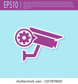 Retro purple Security camera and gear icon isolated on turquoise background. Adjusting app, service concept, setting options, maintenance, repair, fixing. Vector Illustration