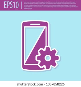 Retro purple Setting on smartphone screen icon on turquoise background. Mobile phone and gear sign. Adjusting app, set options, repair, fixing phone concepts. Flat design. Vector Illustration