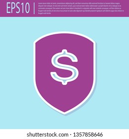 Retro purple Shield and dollar icon isolated on turquoise background. Security shield protection. Money security concept. Flat design. Vector Illustration