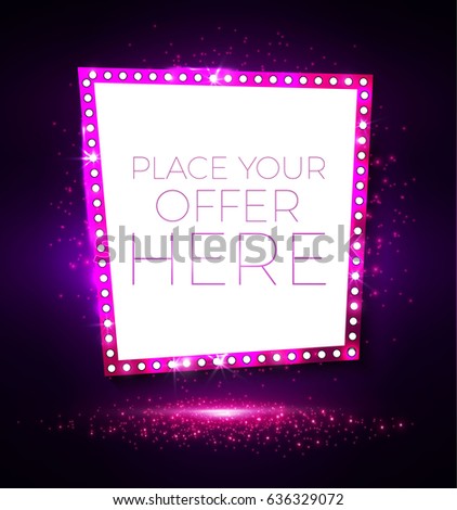 Retro Purple Shining Banner with Light Bulbs and Place for Text. Casino, Game, Cinema, Sale, Retro Design. Vector illustration