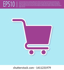 Retro purple Shopping cart icon isolated on turquoise background. Online buying concept. Delivery service sign. Supermarket basket symbol. Vector Illustration