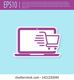 Retro purple Shopping cart on screen laptop icon isolated on turquoise background. Concept e-commerce, e-business, online business marketing. Vector Illustration