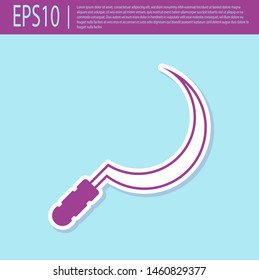 Retro purple Sickle icon isolated on turquoise background. Reaping hook sign.  Vector Illustration