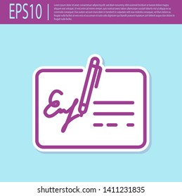 Retro purple Signed document line icon isolated on turquoise background. Pen signing a contract with signature. Edit document sign. Vector Illustration