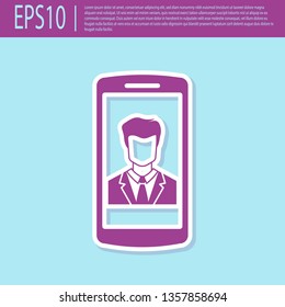 Retro purple Smartphone with contact on screen icon isolated on turquoise background. Incoming call. Human on phone screen. Call contact. Flat design. Vector Illustration